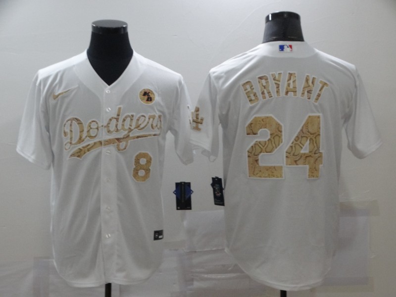 Men's Los Angeles Dodgers Front #8 Back #24 Kobe Bryant With KB Patch White Cool Base Stitched Jersey
